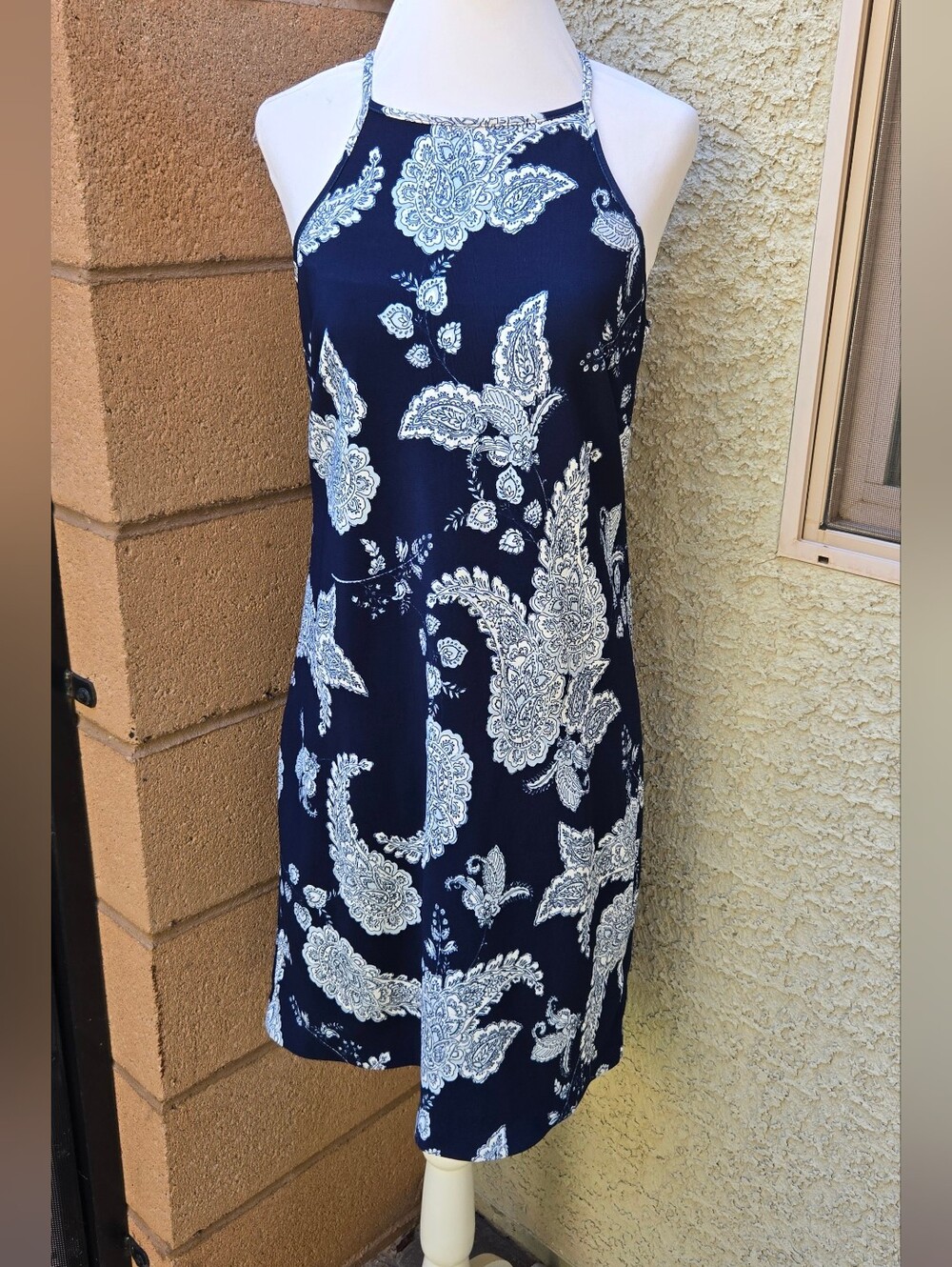 Boston Proper Navy Blue Paisley Halter Dress